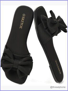 Women's Bow Flat Sandals Square Toe Slide Sandals Comfortable Slip On